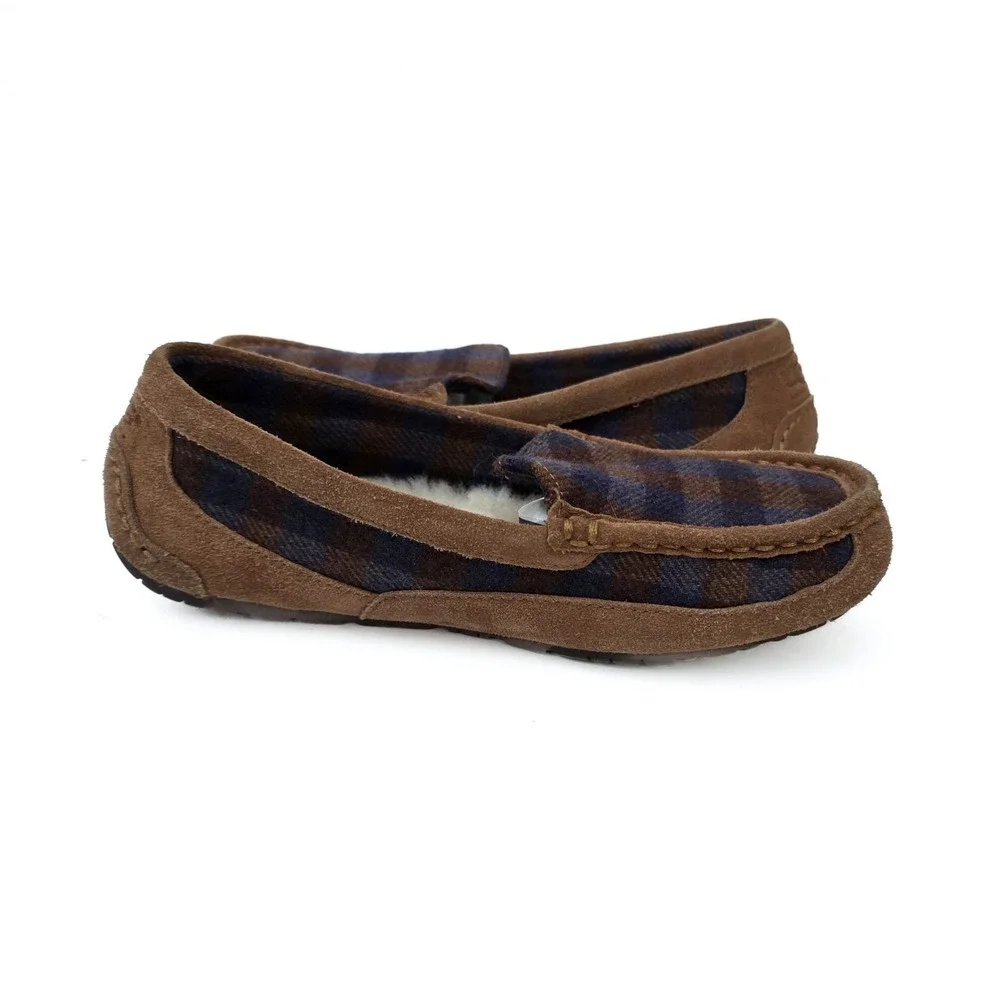 UGG Australia Ascot Plaid Slippers Kids 4 Womens 6 Brown Sheepskin Moccasins